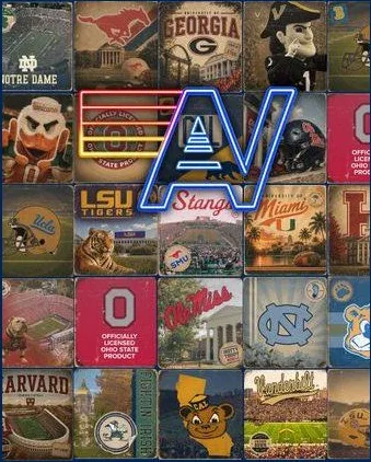 Aviator Nation logo over a collage of college sports logos on a dark blue background.