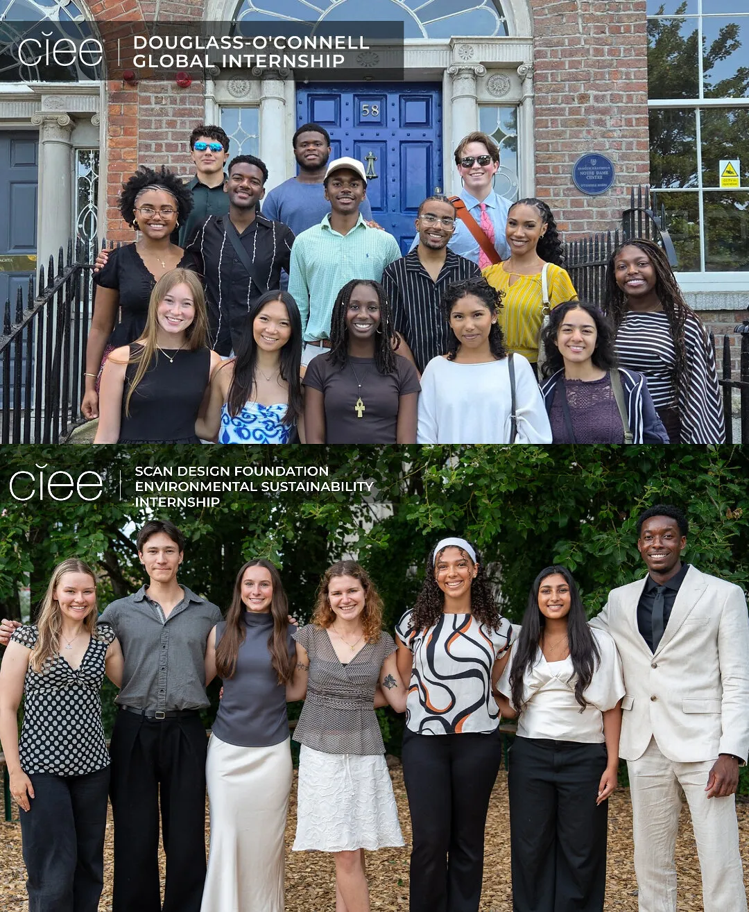 Two groups of young adults posing outdoors, labelled with internship programme names.
