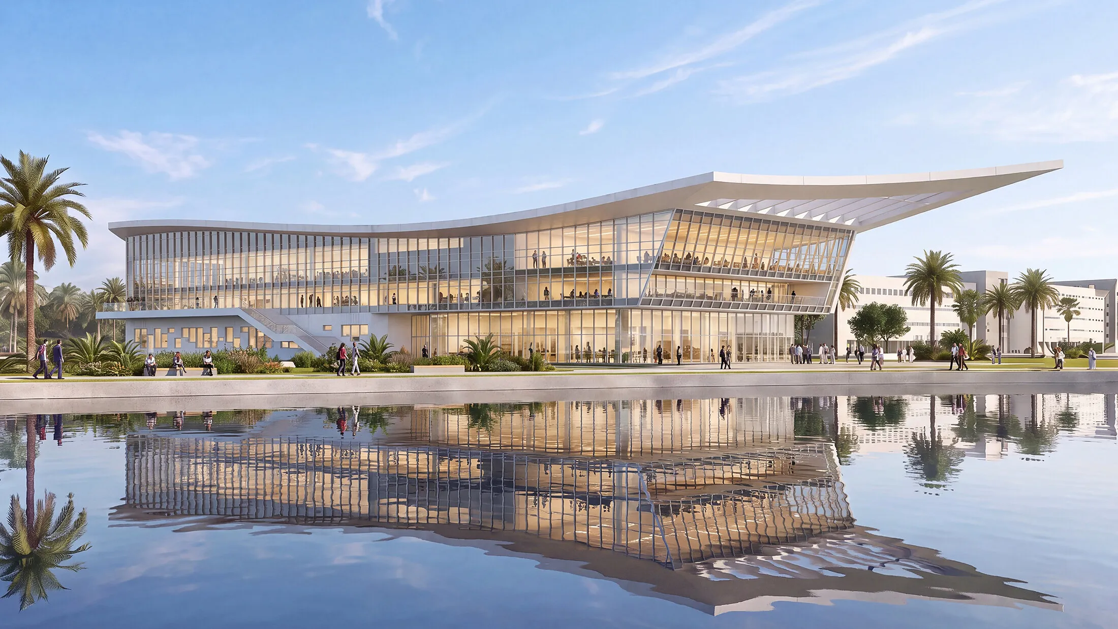 Modern glass university building with palm trees reflected in a pool.