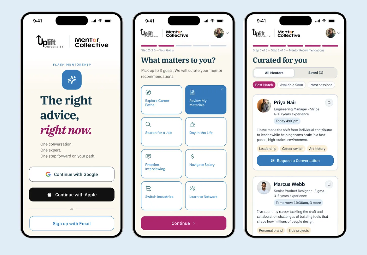 Three smartphone screens show Mentor Collective’s mentorship app on a pale blue background.