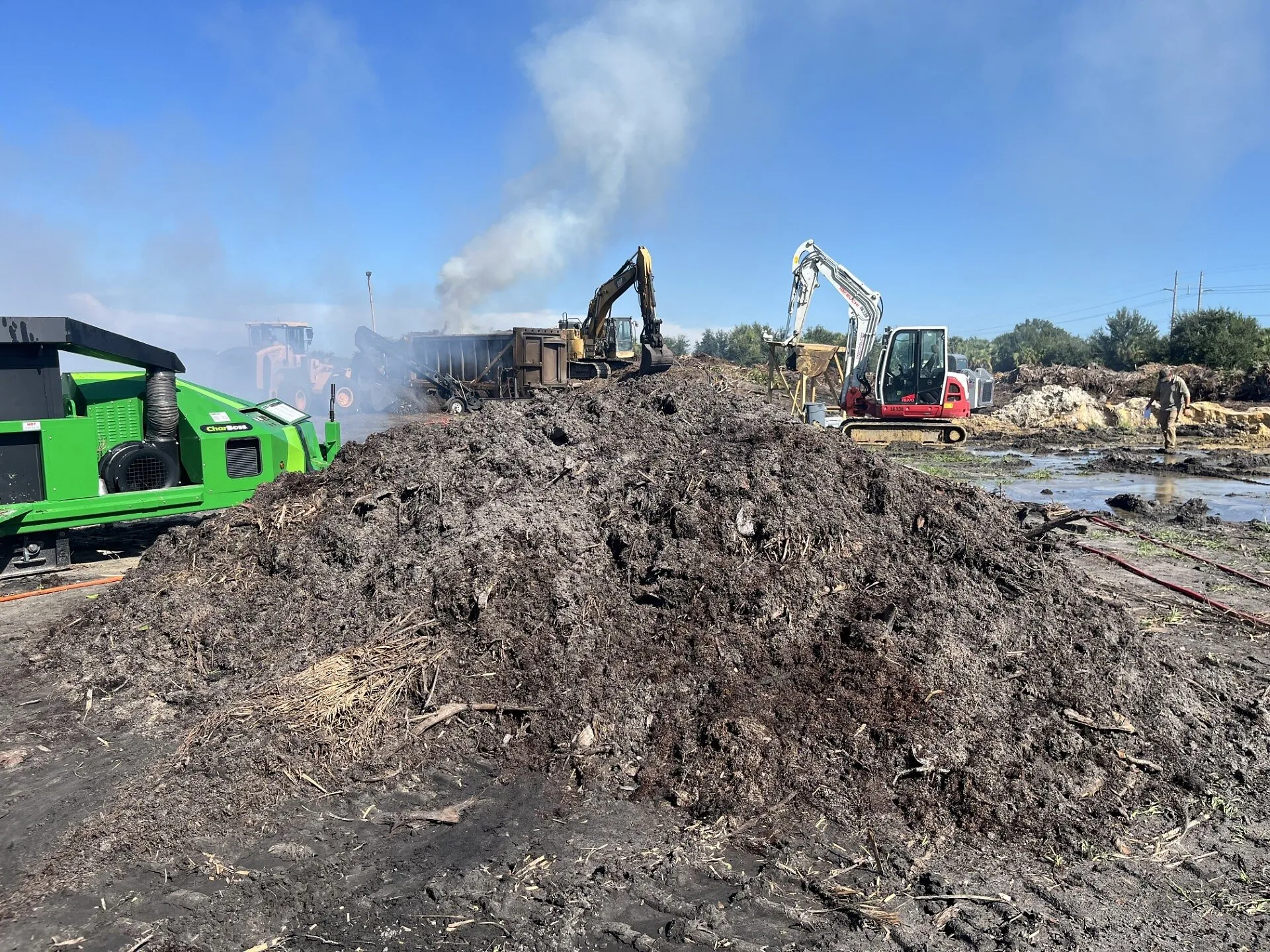 Excavators beside a large pile of sargassum seaweed at a processing site