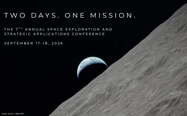 Earth rising over the Moon’s cratered surface beside conference dates and title.