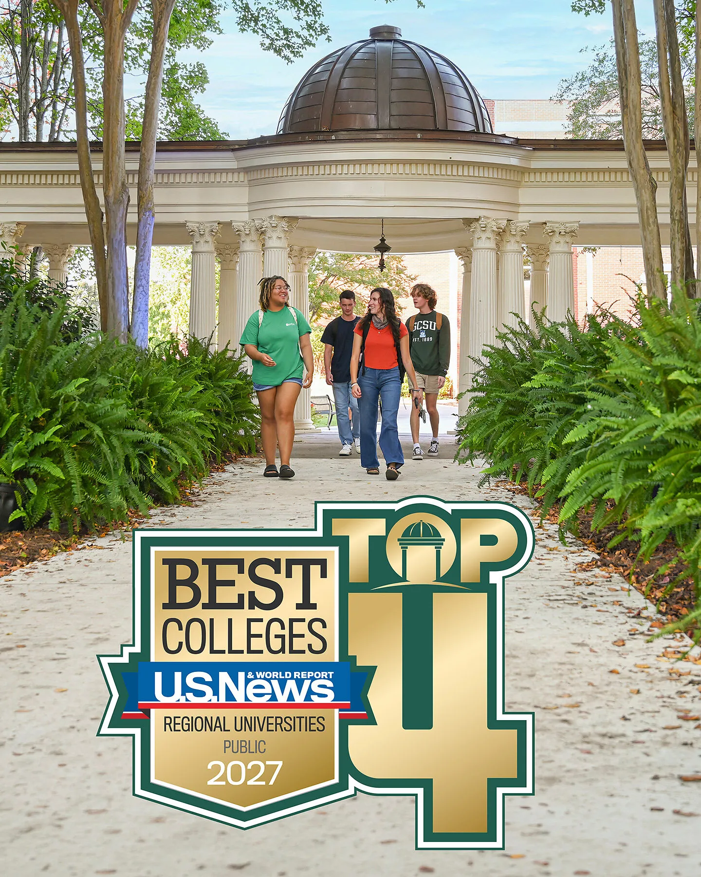 Students walk beneath a domed colonnade beside a “Best Colleges Top 4” 2027 US News badge.