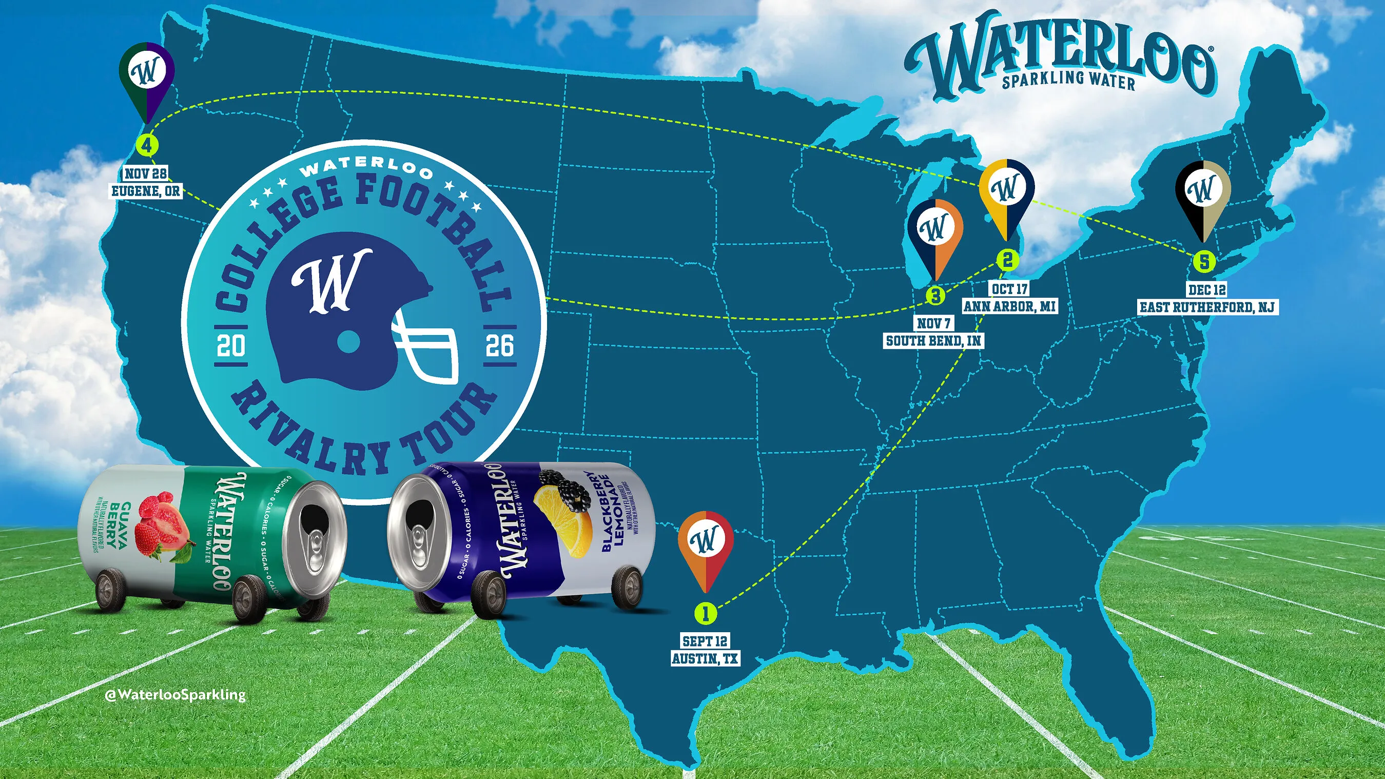 Map showing Waterloo’s college football rivalry tour stops, with three Waterloo Can Cruisers on a football field.