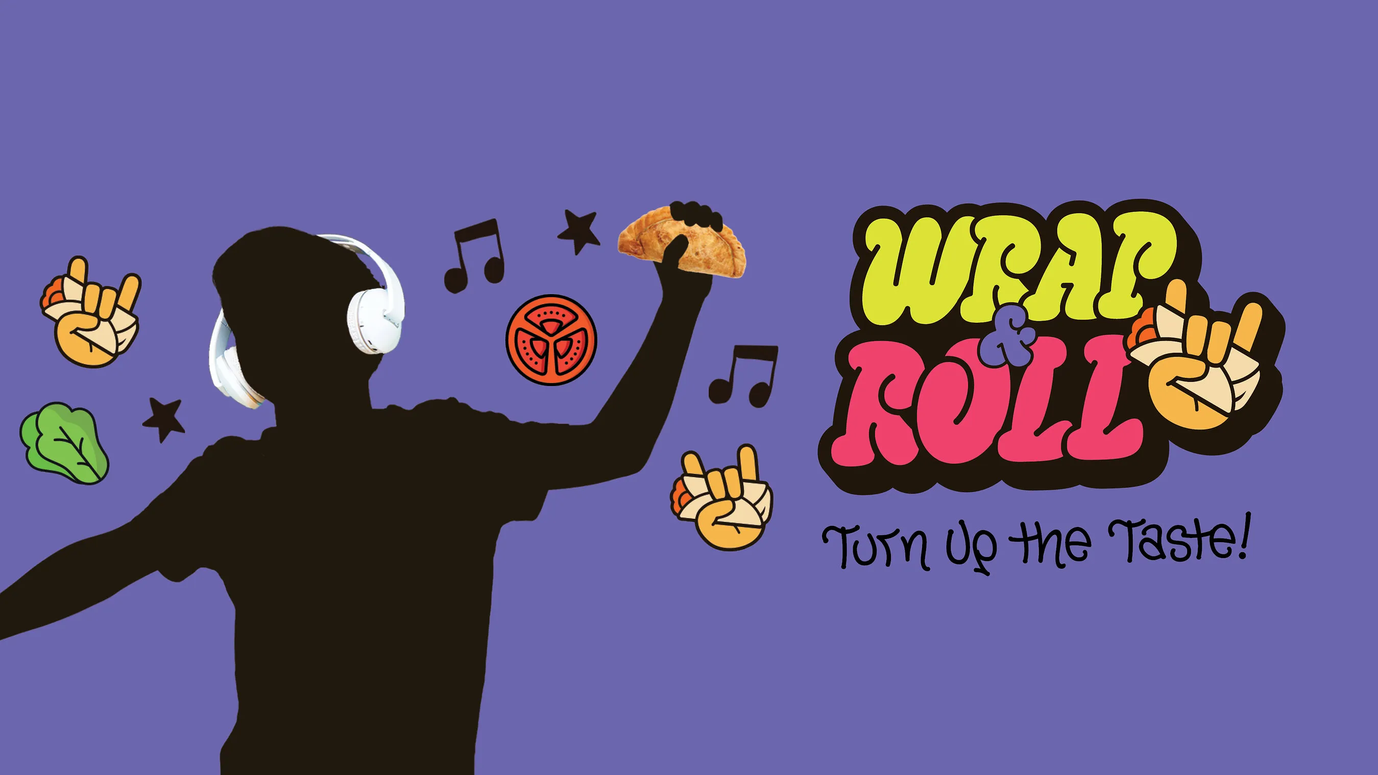 A person in headphones holds a wrap beside the “Wrap & Roll” logo on a purple background.