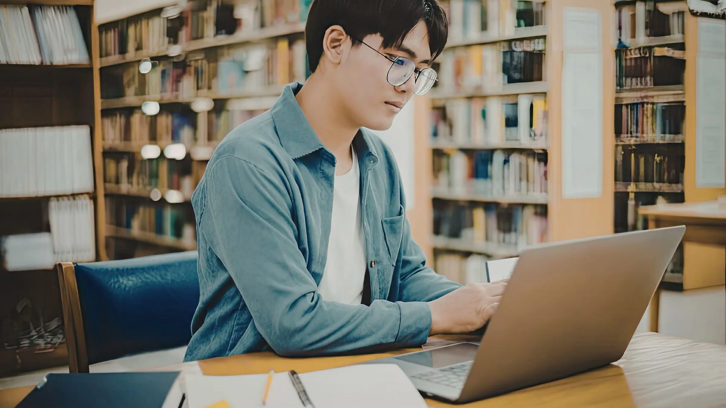 A student working on a laptop at a library table, bookshelves behind him