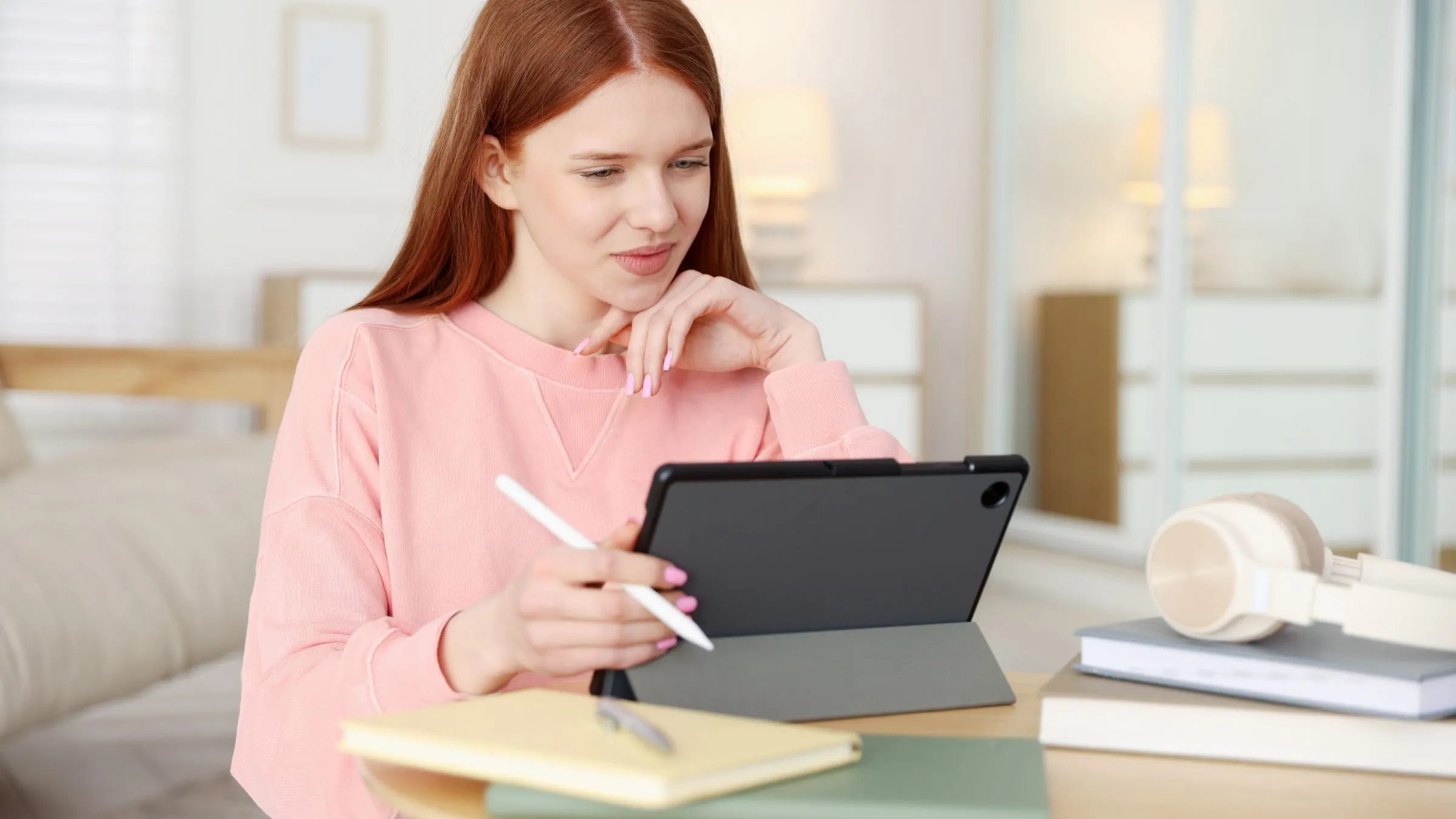 A student with a tablet and stylus at a table beside her notebooks