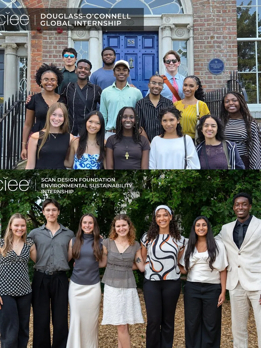 Two groups of young adults posing outdoors, labelled with internship programme names.