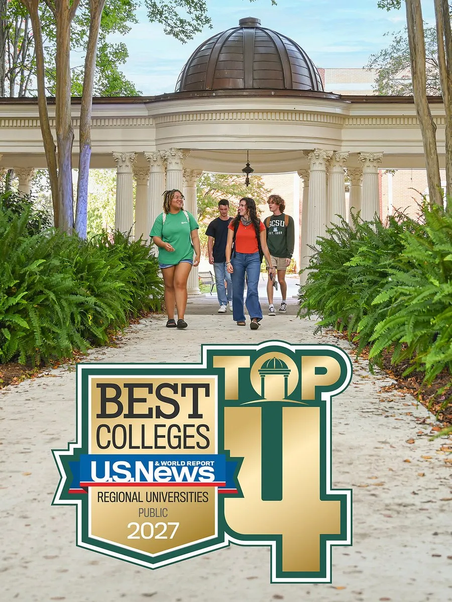 Students walk beneath a domed colonnade beside a “Best Colleges Top 4” 2027 US News badge.